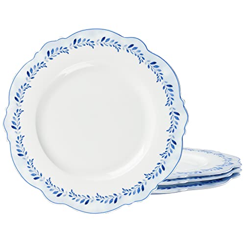 fanquare 4 Teilig Speiseteller Porzellan, Flachteller Blaue Blätter Muster, Geschirr Tellerset Ø 27 cm Frühstückteller Essteller Service von fanquare