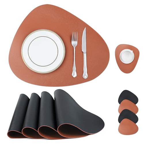 fanquare 4er Set PU Leder Tischsets und Untersetzer, Runde wasserdichte rutschfeste Hitzebeständig Platzsets, Platzdeckchen für Zuhause, Party, Esstisch (45cm x 37cm, Braun, Schwarz) von fanquare