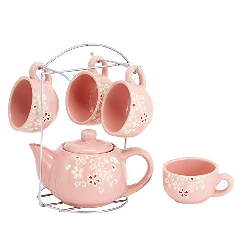 fanquare 6 Stück Pflaumenblüten Keramik Tee-Set für Erwachsene Kinder Kinder Teesets mit Haken Kleine Blumen Kaffee Tee Set Rosa von fanquare