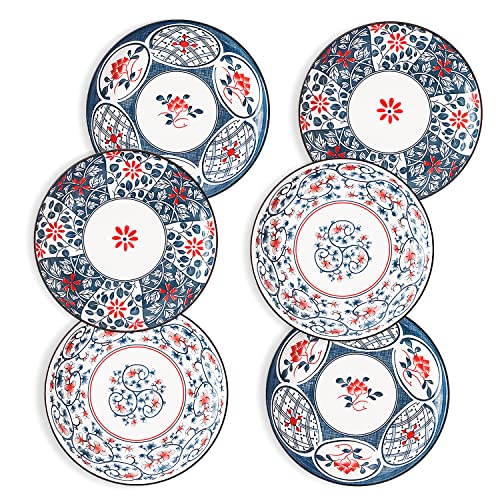 fanquare 6-er Teller-Set Porzellan Japanischer Stil, Blaue Blätter und Rote Blumen Flache Dessertteller, Essteller-Set Keramik für Gastronomie und Haushalt von fanquare