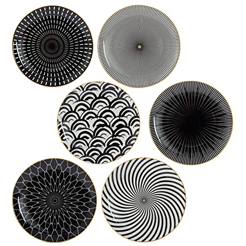 fanquare 6er Porzellan Speiseteller, 26cm Groß Geometrisches Muster Essteller, Schwarz und Weiß Moderner Stil Teller Set von fanquare