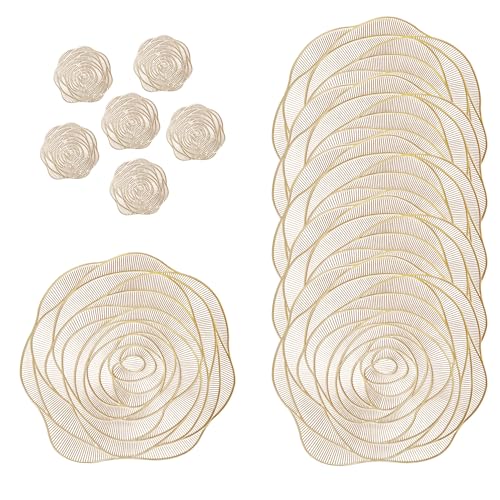 fanquare 6er Set Platzsets, Gold PVC Tischset rutschfest & Abwaschbar, Hochwertige Abendessen Speisematten, Europäischer Stil Rosé Blumen Design, Hitzebeständige für den Küchentisch, 38 * 38cm von fanquare