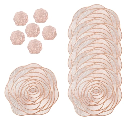 fanquare 6er Set Platzsets, Roségold PVC Tischset Rutschfest & Abwaschbar, Hochwertige Abendessen Speisematten, Europäischer Stil Roségold Blumen Design, Hitzebeständige für den Küchentisch, 38*38cm von fanquare