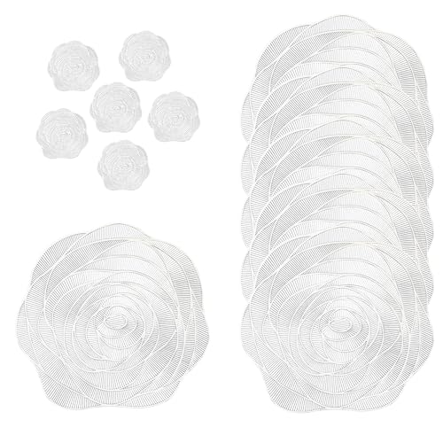 fanquare 6er Set Platzsets, Silbrig PVC Tischset rutschfest & Abwaschbar, Hochwertige Abendessen Speisematten, Europäischer Stil Rosé Blumen Design, Hitzebeständige für den Küchentisch, 38 * 38cm von fanquare