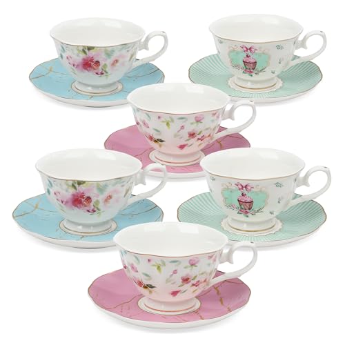 fanquare 6er Set Rose Teetasse und Untertasse, Britische Teetassen Set für Geschenk, Bunte Blumen Porzellan Teeservice von fanquare