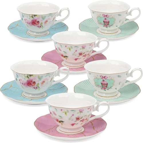 fanquare 6er Set Rose Teetasse und Untertasse, Britische Teetassen Set für Geschenk, Bunte Blumen Porzellan Teeservice von fanquare