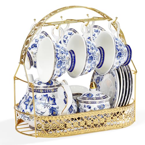 fanquare Blau Blume Porzellan Teeservice mit Metallständer, Vintage Porzellan Kaffeetasse und Untertasse, Englische Kaffeeservice for Erwachsene von fanquare