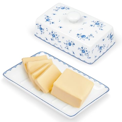 fanquare Blau Blumen Keramik Butterdose mit Deckel und Griff für 250 g Butter, Groß Butterschale Porzellan, Hochwertige Butterglocke von fanquare