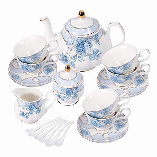 fanquare Blau Blumen Porzellan Tee Set, Teetasse und Untertasse Set, Tee Service für 6 Personen, Hochzeit Teekanne Zucker Schüssel Creme Krug, China Kaffee Set von fanquare