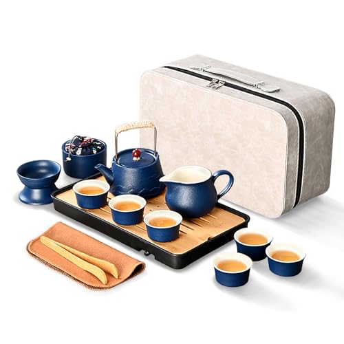fanquare Blau Chinesischer Teeservice Porzellan Kung Fu Tee Sets für Erwachsene 13 Stück Traditionelles Reise Teeservice mit Teekanne Tablett Reisetasche Japanischer Tee Service für Geschenke von fanquare