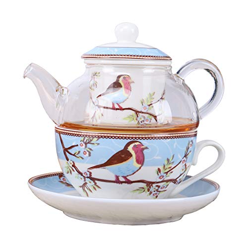 fanquare Blau Robin Vögel und Blumen Tea for One Set, Keramik Teetasse und Untertasse mit Glas Teekanne von fanquare