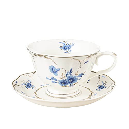 fanquare Blau Tee Tasse und Untertasse Set für 1, Blumen Kaffeetasse mit Tellerset, Englische Teetasse aus Porzellan, 200ml von fanquare
