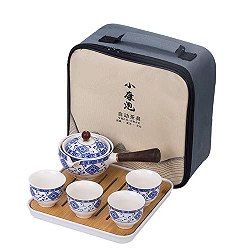 fanquare Blau und Weiß Porzellan Tragbares Reise Tee Set, Handgemachtes Kungfu Teeservice, 4 Tassen, Teekanne und Bambus Teefach mit Reisetasche von fanquare