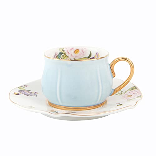 fanquare Blaue Teetasse mit Untertasse, Porzellan Kaffee Tee Tasse Set, Blumen Kaffeetasse für Frühstück Nachmittagstee von fanquare