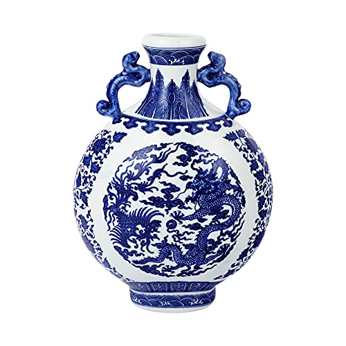 fanquare Blaue und Weiße Porzellan Blumenvase, Klassische Binaurale Vase, Chinesisches Drachen Muster, Höhe 31cm von fanquare