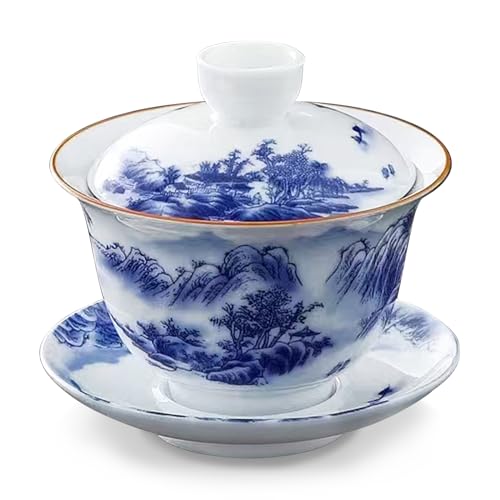 fanquare Blaue und weiße Gaiwan Landschaft Porzellan Chinesisch Traditionelle Gaiwan Sancai Tee Schale mit Deckel Vintage Tee Tasse Untertasse Abdeckung Set für Haus Büro 180ML von fanquare