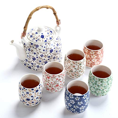 fanquare Blume Porzellan Tee Set mit Teekanne, Vintage Chinesisch Keramik Teeservice mit Rattan Griff von fanquare