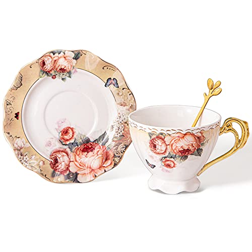 fanquare Blume Porzellan Teetasse und Untertasse Set, 200ml Kaffeetasse mit Goldrand, Orange Teetasse Set für den Täglichen Gebrauch von fanquare