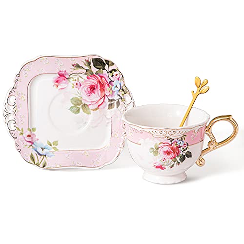 fanquare Blume Teetasse und Untertasse Set, Rosa Tee Kaffeetasse mit Goldgriff, 200ml Geschenk Porzellan Kaffeetasse von fanquare