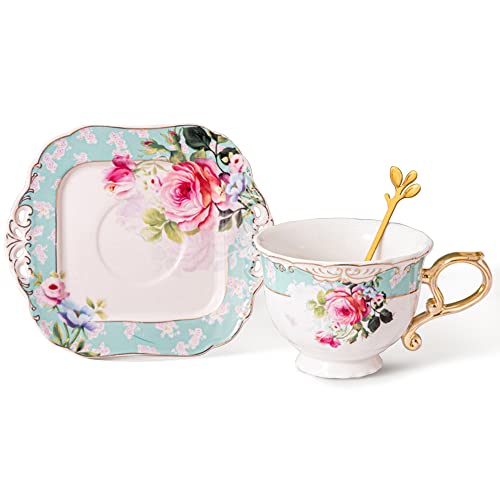 fanquare Blumen Teetasse mit Untertasse, Vintage Kaffee Tee Tasse Set, Keramik Kaffeetasse für Frühstück Nachmittags Tee, Grün von fanquare