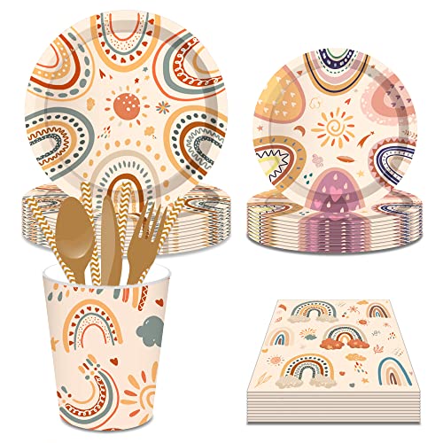 fanquare Boho Regenbogen Partygeschirr Set Pappteller, Tassen, Servietten, Gabeln Babyparty Geburtstagsparty Geschirr für Mädchen, Kinder, 16 Gäste von fanquare