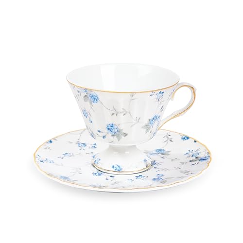 fanquare Bone China Tasse und Untertasse Set, Blau Kleine Rose Blumen Tee Tasse, 170ml Elegante britische Porzellan Kaffeetasse für Frauen Geschenke von fanquare