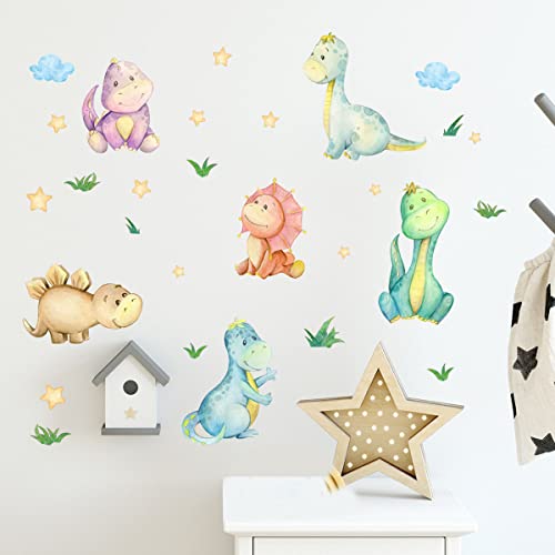 fanquare Bunte Cartoon Dinosaurier Wandtattoo Aquarell Wandaufkleber Dekoration mit Sternen, Gras, Wolken, abnehmbare DIY Vinyl für Kinder Kinderzimmer Kinderzimmer Schlafzimmer Party von fanquare