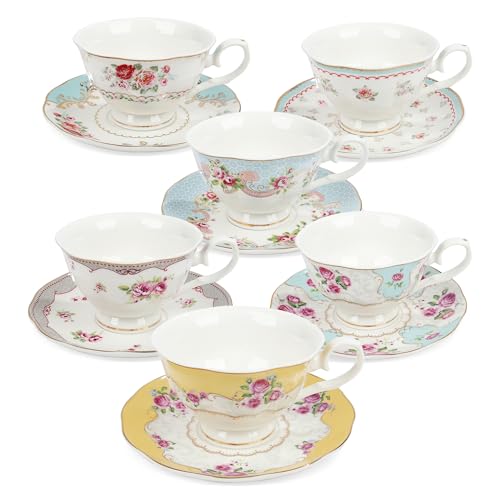 fanquare Bunte Florale Porzellan Kaffeetasse mit Untertasse, Englisch Teetassen Set für 6 Personen, Vintage Rose Tea Party-Set für Frauen von fanquare