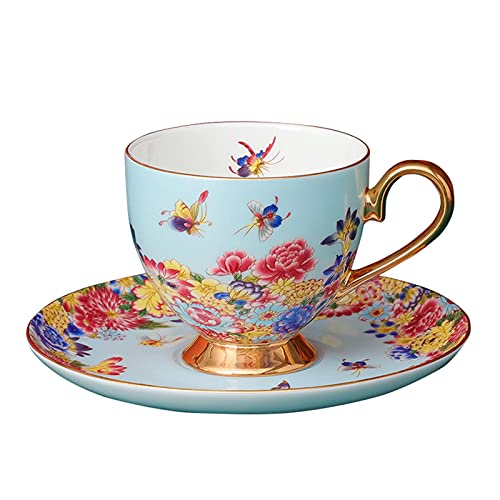 fanquare Bunte Kaffeetasse und Untertasse Set mit Löffel, Blume Schmetterling Muster in Porzellan, Teetasse aus Fine Bone China, Blau von fanquare
