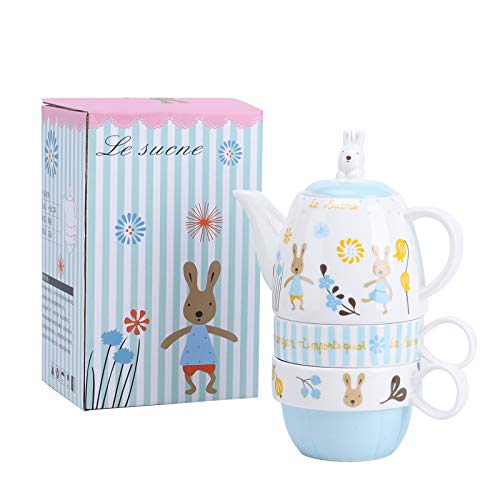 fanquare Cartoon Kaninchen Teetassen Set, Keramik Tea for One Set, 1 Teekanne mit Sieb und 2 Tassen von fanquare