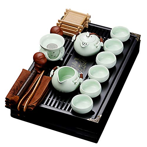 fanquare Chinesisches Keramik Kung Fu Tee Set mit Teetablett und Kleine Teewerkzeuge, Porzellan Tee service, Hellgrün von fanquare