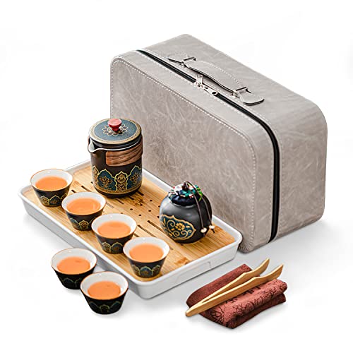 fanquare Chinesisches Porzellan Teekanne mit Sieb, Kungfu Keramik Teeservice mit Reisetasche,Teedose und Teebrett,Tee Set mit Blumenmuster für Erwachsene, Schwarz von fanquare