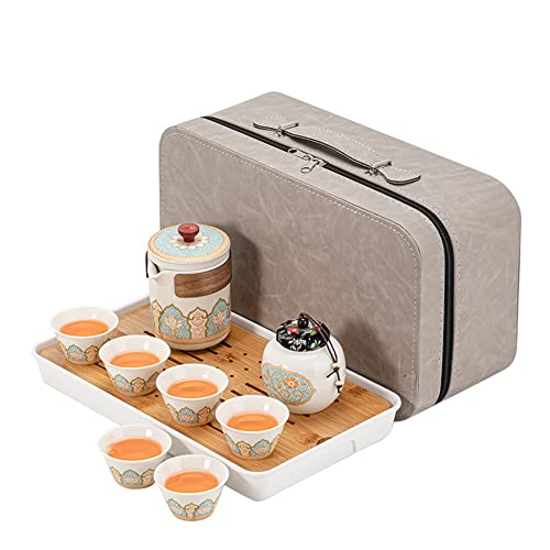 fanquare Chinesisches Porzellan Teekanne mit Sieb, Kungfu Keramik Teeservice mit Reisetasche,Teedose und Teebrett,Tee Set mit Blumenmuster für Erwachsene, Weiß von fanquare