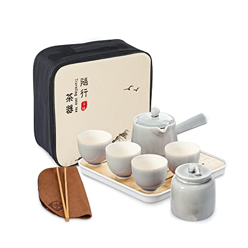 fanquare Chinesisches Porzellan Teeservice Traditionell, Grau Glasiertes Kungfu Teeset mit Teeschale, Tragbares Teeset mit Etui von fanquare