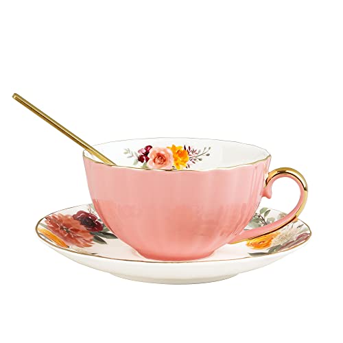 fanquare Englische Rosa Teetasse, Porzellan Teetasse mit Löffel, Keramik Teetasse mit Untertasse, 200ml von fanquare