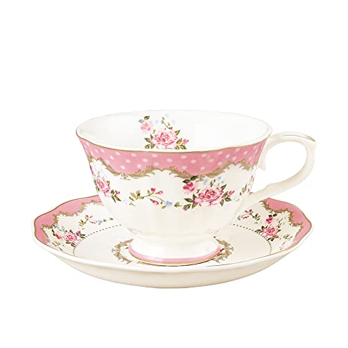 fanquare Englische Teetasse mit Blumen, Rosa Porzellan Kaffeetasse, 200ml Blume Teetasse und Untertasse, Elegante Große Teetasse von fanquare