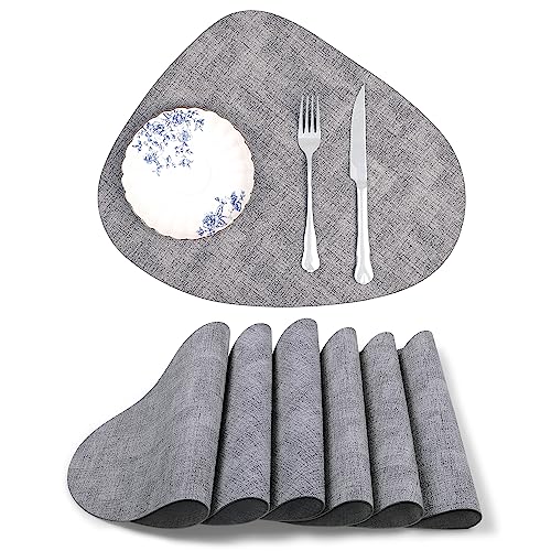 fanquare Graue Kunstleder Platzsets für Runden Tisch, Waschbare Tischsets für Esstisch 42.5x34 cm Hitzebeständige Keilförmige Tischmatte Set aus 6 von fanquare