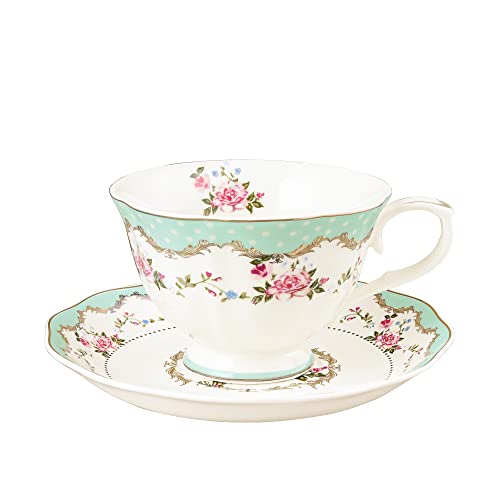 fanquare Große Grüne Teetasse mit Untertasse, 200ml Vintage-Kaffeetasse, Britische Rose Tee-Tasse, Elegante Kaffeetasse von fanquare