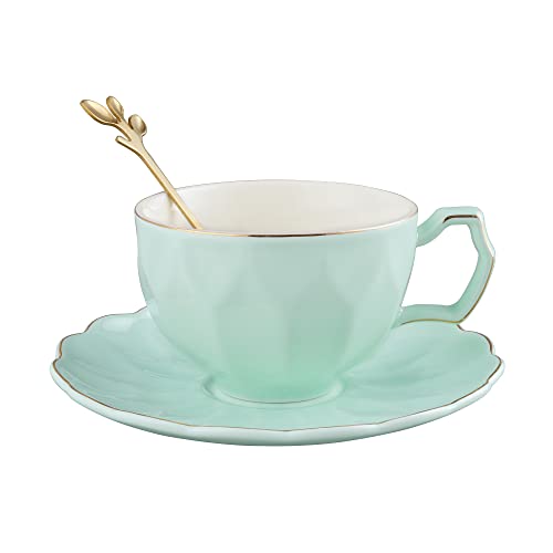 fanquare Grün Geprägte Teetasse und Untertasse Set für 1, Porzellan-Kaffeetasse für Frauen, Moderne Teeparty-Tasse, 200ml von fanquare