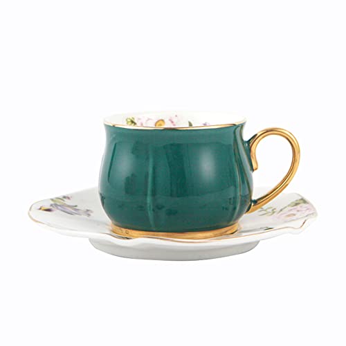 fanquare Grün Kaffee Tasse und Untertasse Set, Blume Porzellan Teetasse Set, Vintage Kaffeetasse mit Goldrand von fanquare