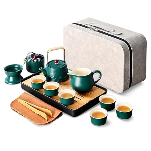 fanquare Grüner Chinesischer Tee Set Porzellan Kung Fu Tee Sets für Erwachsene 13 Stück Traditionelles Reise Tee Set mit Teekanne Tablett Reisetasche Japanischer Tee Service für Geschenke von fanquare