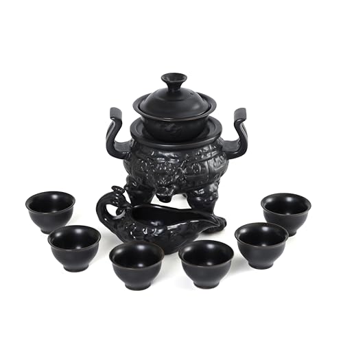 fanquare Halbautomatisches Teeservice Dreibein Schwarz Fauler Chinese Kungfu Teeservice 9-teilig Traditionelle Teekanne Porzellan Rotierendes Automatisches Teeservice Set für Erwachsene Männer von fanquare