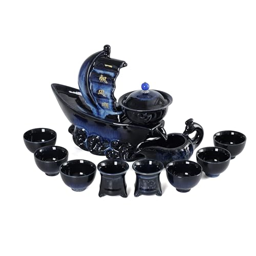 fanquare Halbautomatisches Teeservice Segelboot Alles Geht Glatt Blau Faules Chinesisches Kungfu Teeservice 11-teilig Traditionelle Teekanne Teetassenset Porzellan Tee Set für Erwachsene Geschenk von fanquare