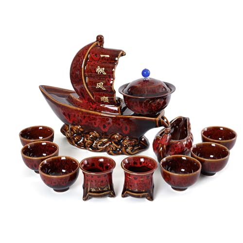 fanquare Halbautomatisches Teeservice Segelboot Alles Geht Glatt Rot Faules Chinesisches Kungfu Teeservice 11-teilig Traditionelle Teekanne Teetassenset Porzellan Tee Set für Erwachsene Geschenk von fanquare