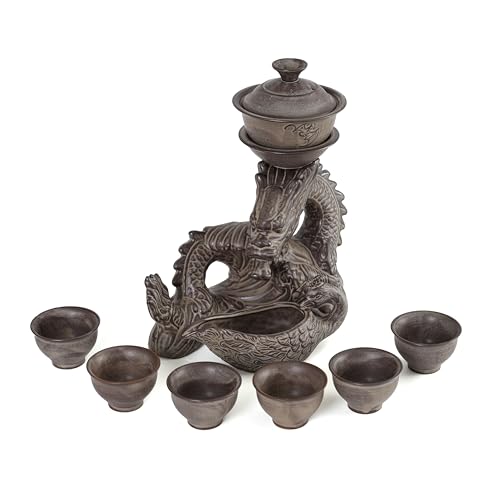 fanquare Halbautomatisches Teeset Drache Chinesisches Kungfu Teeservice Set 9-teilig Porzellan Traditionelle Teekanne Teetasse Set Graues Teeservice Set Geschenke für Männer Erwachsene von fanquare