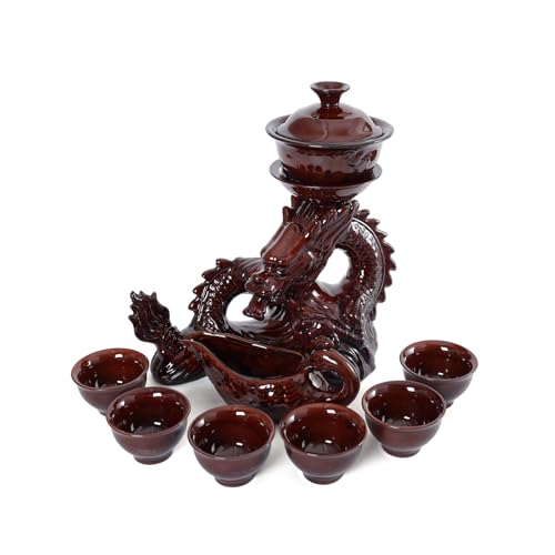 fanquare Halbautomatisches Teeset Drache Chinesisches Kungfu Teeservice Set 9-teilig Porzellan Traditionelle Teekanne Teetasse Set Rot Teeservice Set Geschenke für Männer Erwachsene von fanquare