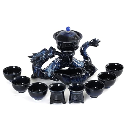 fanquare Halbautomatisches Teeset Drachen-Kungfu-Teeset Chinesisches Teeservice Blau 11-teiliges Traditionelles Teekannen-Tee-Tassen-Set Porzellan Teeservice Set für Erwachsene Geschenke von fanquare