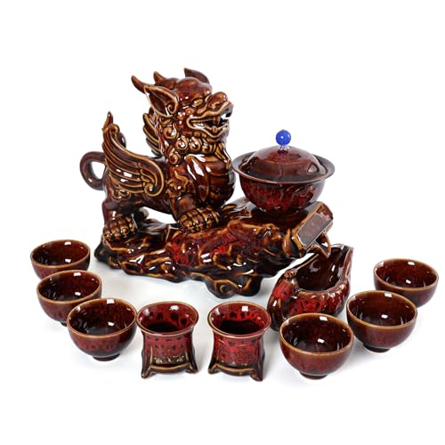 fanquare Halbautomatisches Teeset Drachen-Kungfu-Teeset Chinesisches Teeservice Rot 11-teiliges Traditionelles Teekannen-Tee-Tassen-Set Porzellan Teeservice Set für Erwachsene Geschenke (Rot B) von fanquare