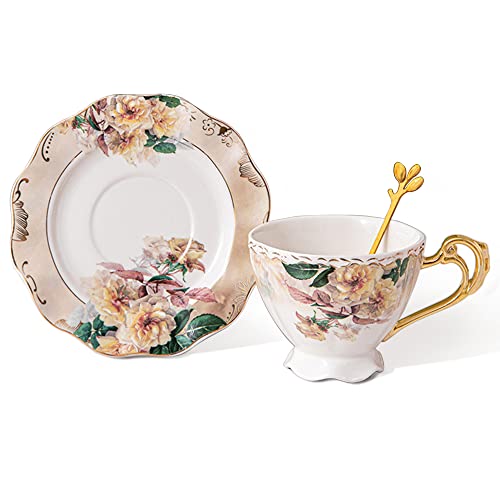 fanquare Hellgelbe Porzellan Teetasse und Untertasse Set, 200ml Blumentasse mit Goldgriff für Zuhause, Geschenk und Party von fanquare