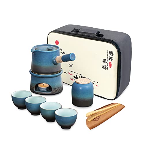 fanquare Japanischer Teeservice Traditionell, Ofenglasiertes Kungfu Teeset Reise, Blaues Chinesisches Teekannen Set mit 4 Keramiktassen, Teekanne, Stövchen von fanquare